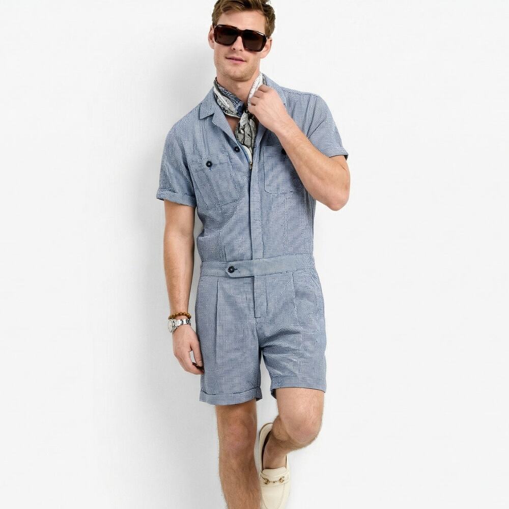 Mr Turk Men's Short Jumpsuit in Blue Houndstooth Linen blend size Small